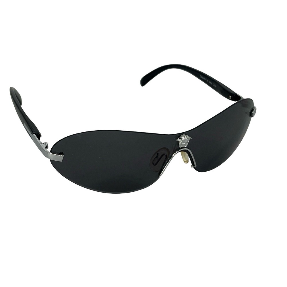 NOS Deziner Rimless Shield Sunglasses Black Silver Y2K Wrap Cybercore Indie - Picture 1 of 7